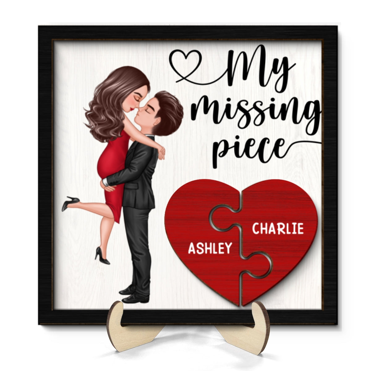 My Missing Piece Doll Couple Hugging Kissing Heart Piece Personalized 2-Layer Wooden Plaque