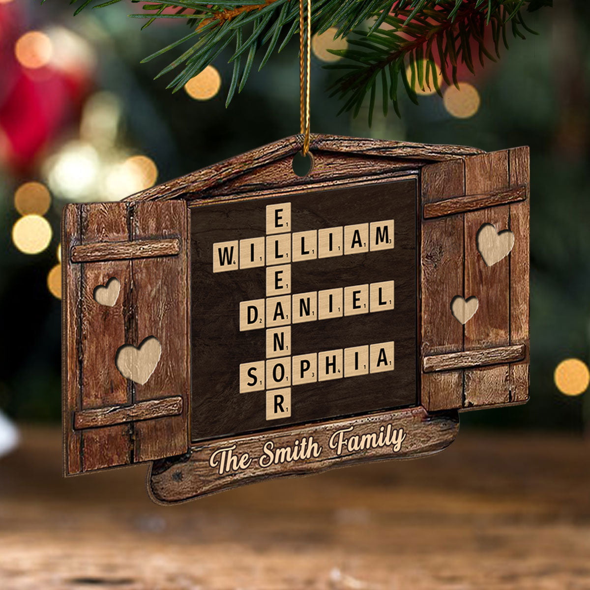 Family Names Window Crossword Puzzle Personnalized Wooden Ornament, Christmas Decoration