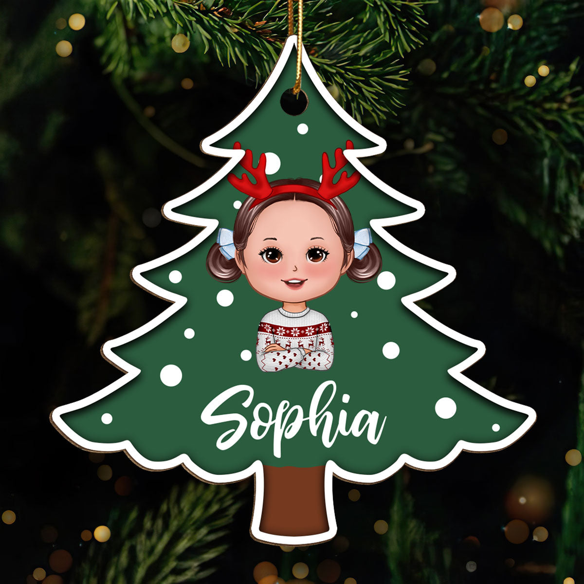 Polka Dot Pattern Christmas Tree Custom Character Family Member Gift For Kids Adult Personalized Wooden Ornament