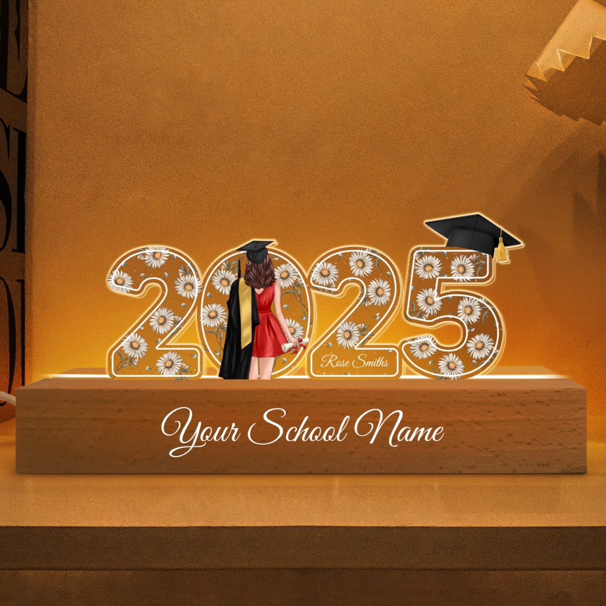 2025 Graduation Senior Birth Month Flowers Personalized Custom Shape Acrylic Block LED Night Light, Graduation Gift