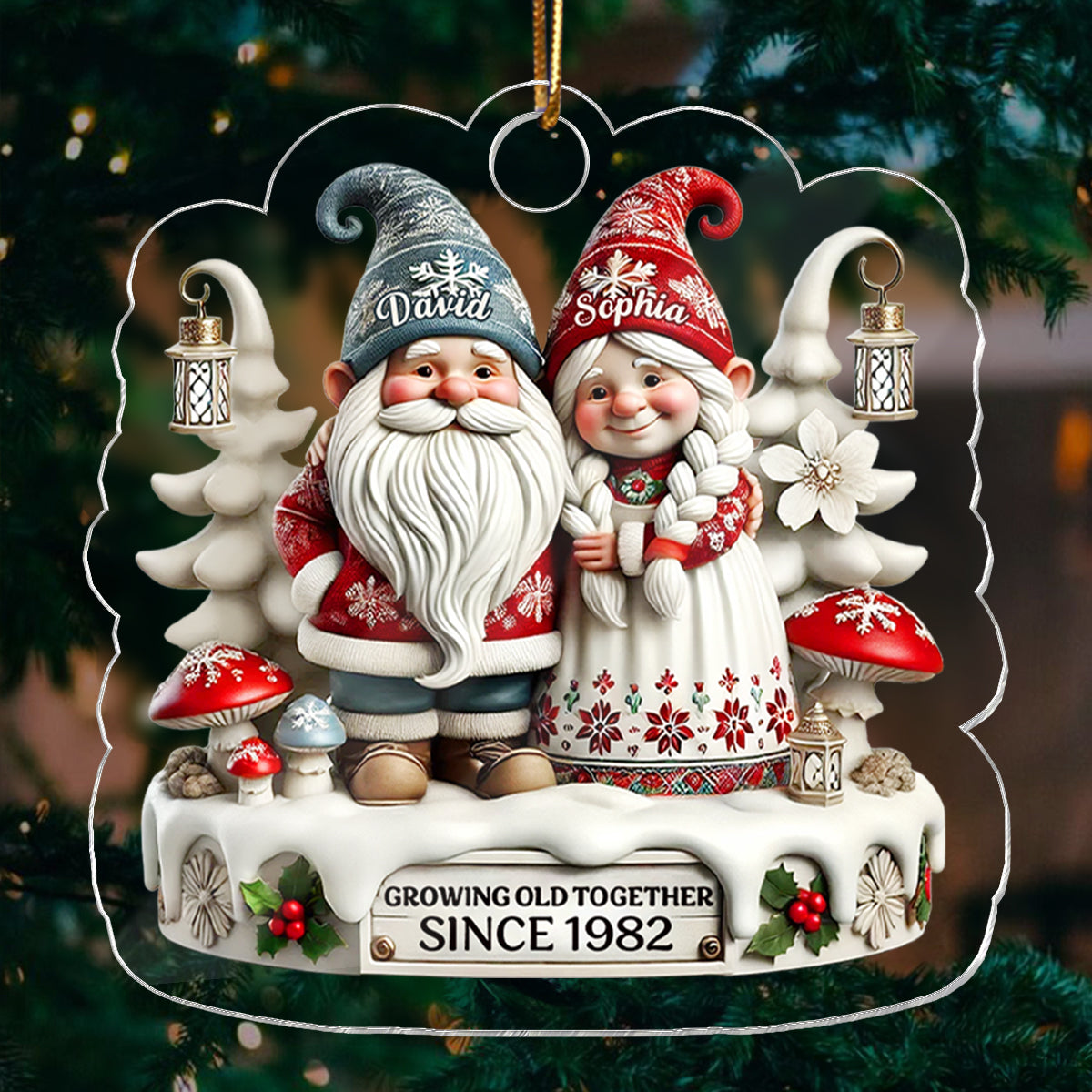 3D Effect Gnome Couple Together Christmas - Personalized Acrylic Ornament - Gift for Him, Gift for Her