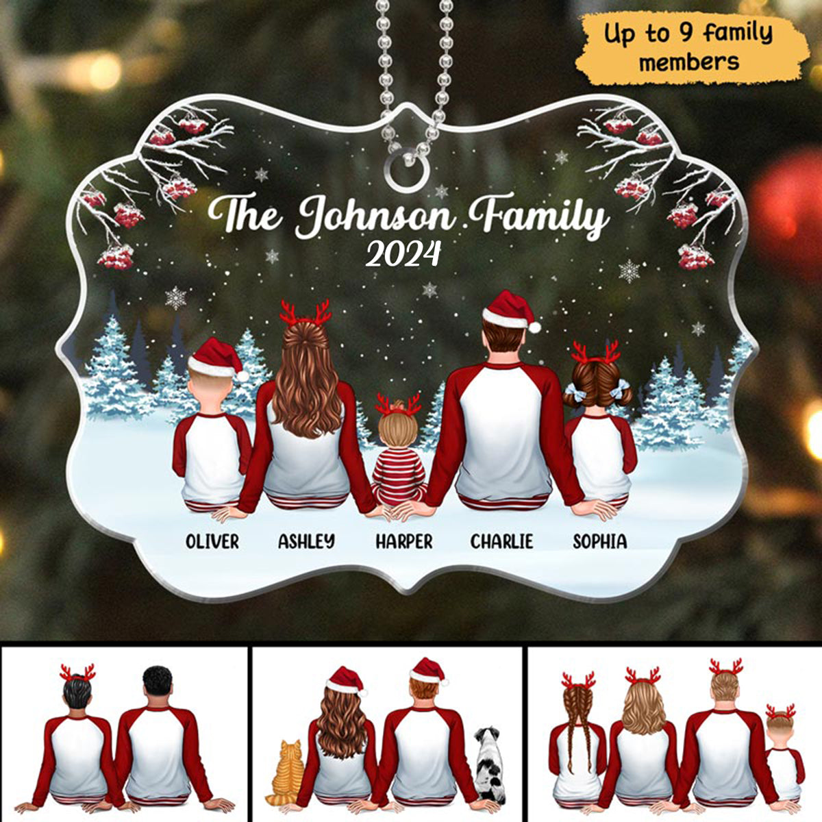 Family In Snow Pajamas Sitting Personalized Acrylic Ornament
