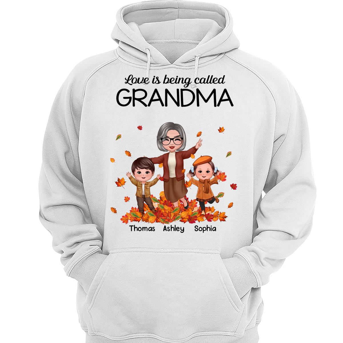 Fall Season Happy Doll Grandma And Grandkids Playing With Autumn Leaves Pile Personalized Shirt