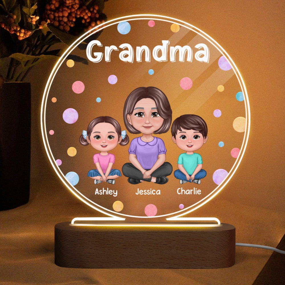 Pretty Doll Grandma Grandkids Colorful Dots Personalized Circle Acrylic LED Night Light