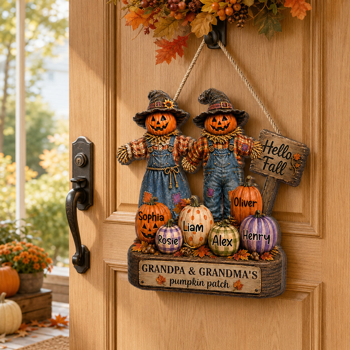 Grandma Grandpa's Pumpkin Patch Scarecrow - Personalized Door Sign - Halloween Fall Decor for Grandparents