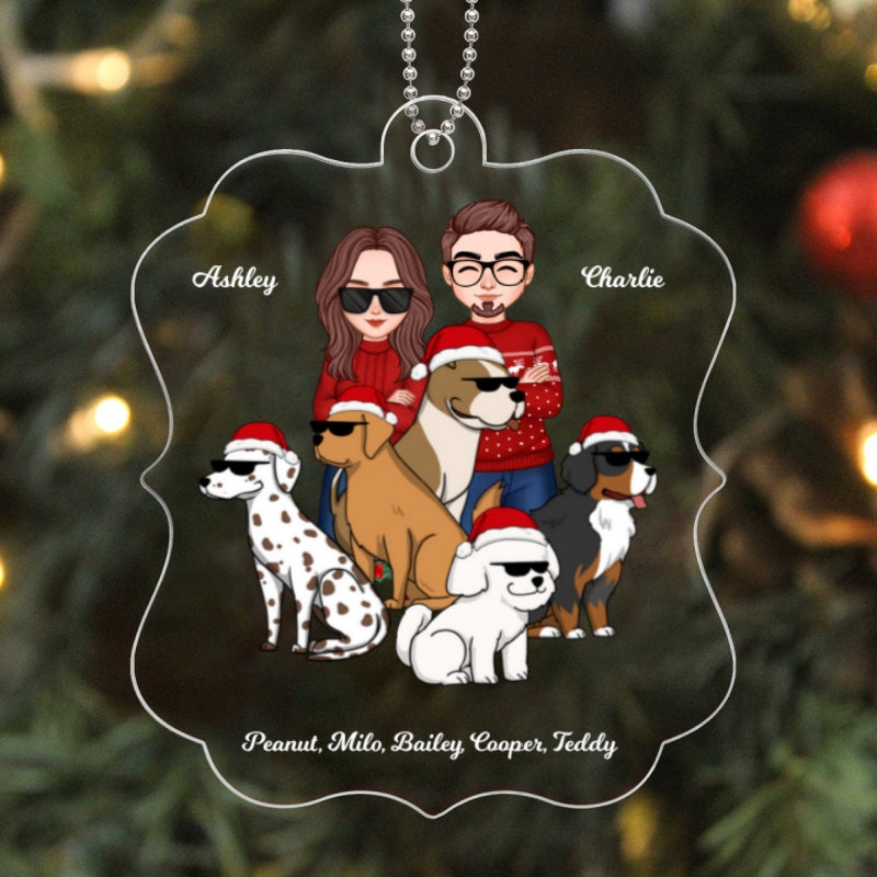 Cool Couple Standing With Funny Dogs Cartoon Personalized Acrylic Ornament
