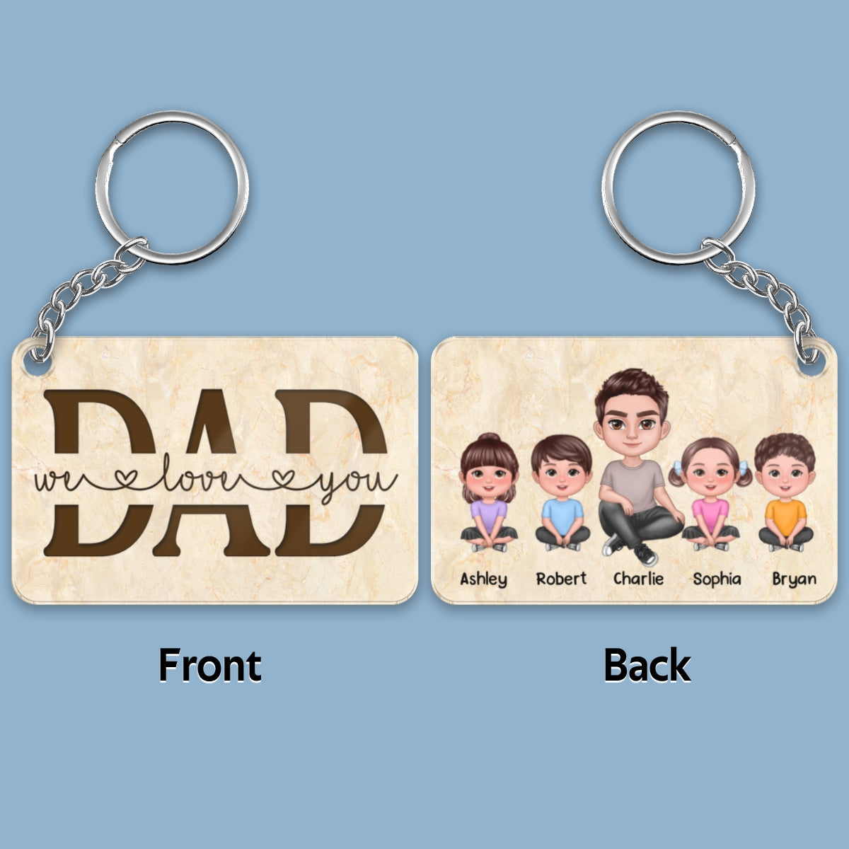 Best Dad Ever Doll Sitting Man & Kids Dog Cat Personalized Acrylic Keychain