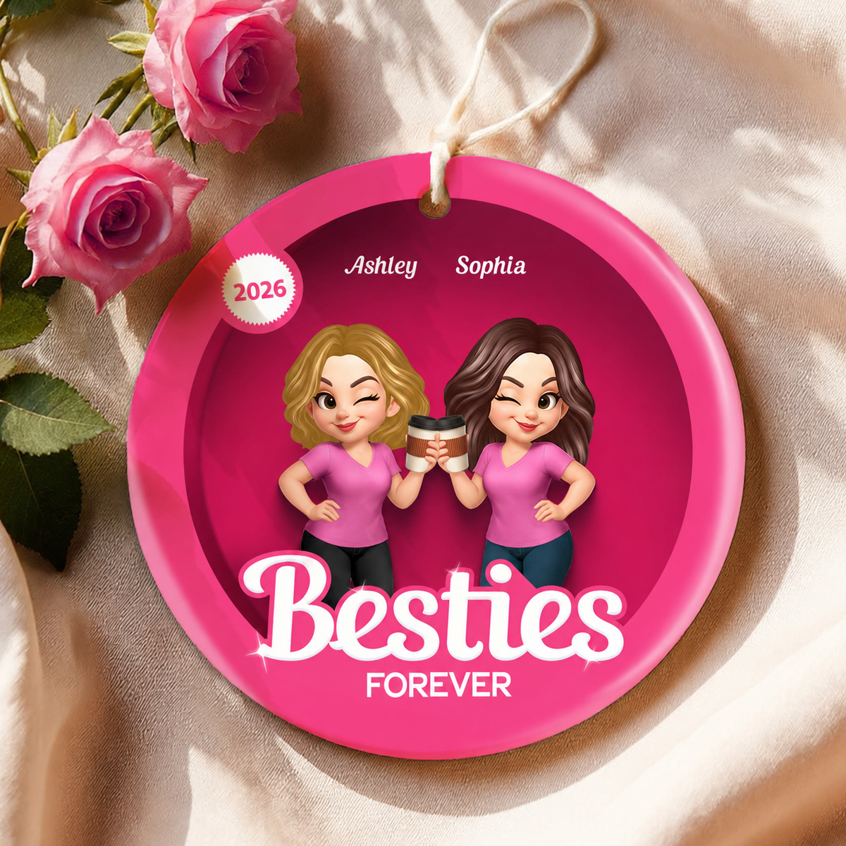 Besties Sisters 3D Effect Pink Toy Box Personalized Circle Ceramic Ornament, Gift for Besties, Best Friends