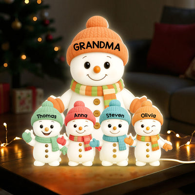 Pastel Color Christmas Grandma Grandkids Snowman Together - Personalized Light Box