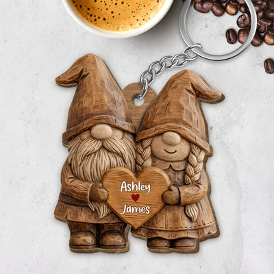 3D Effect Gnome Couple Standing - Personalized Wooden Keychain - Anniversary, Valentine's Day Gift For Him, Gift For Her