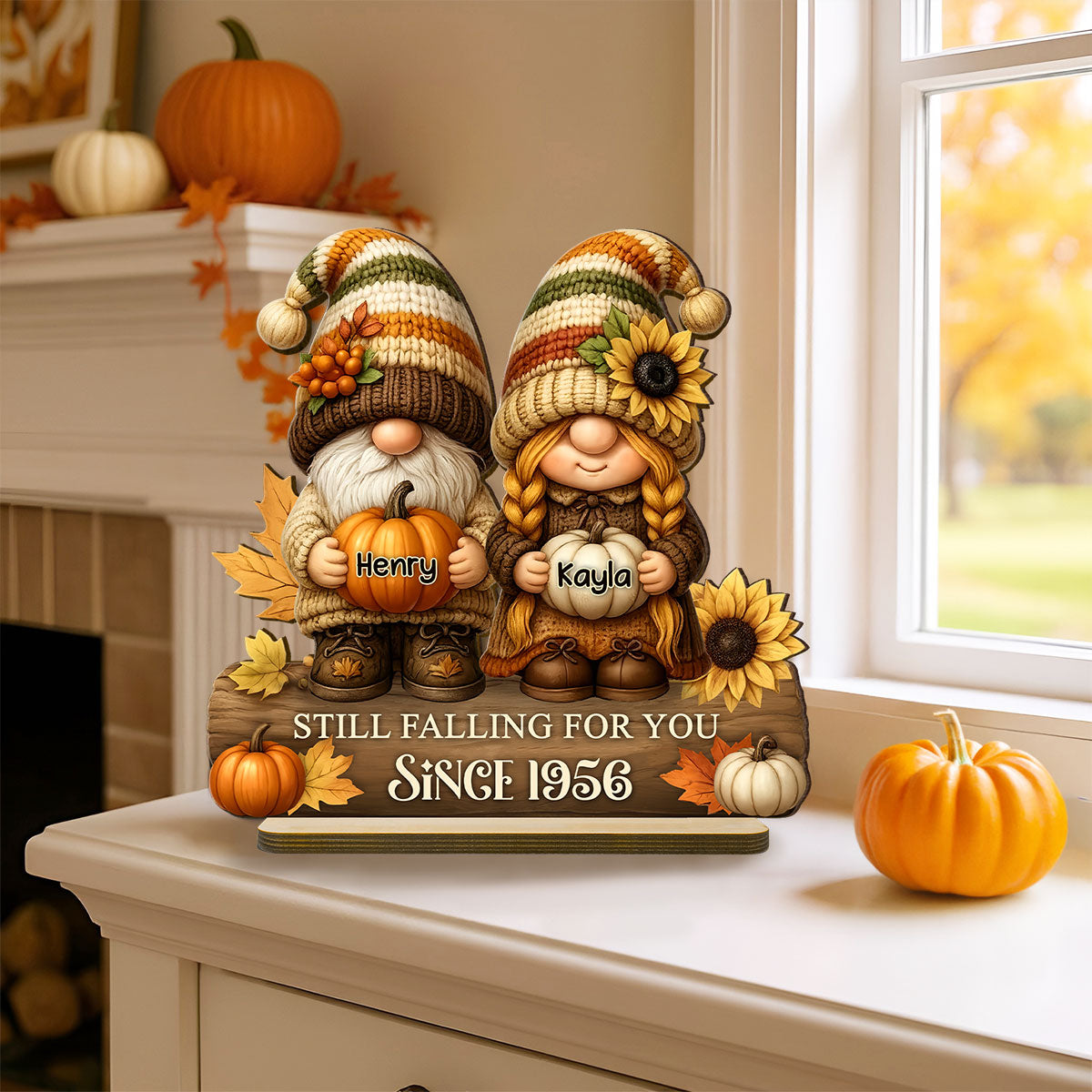 Gnome Couple Growing Old Together Personalized Standing Wooden Plaque, Fall Decor for Couple