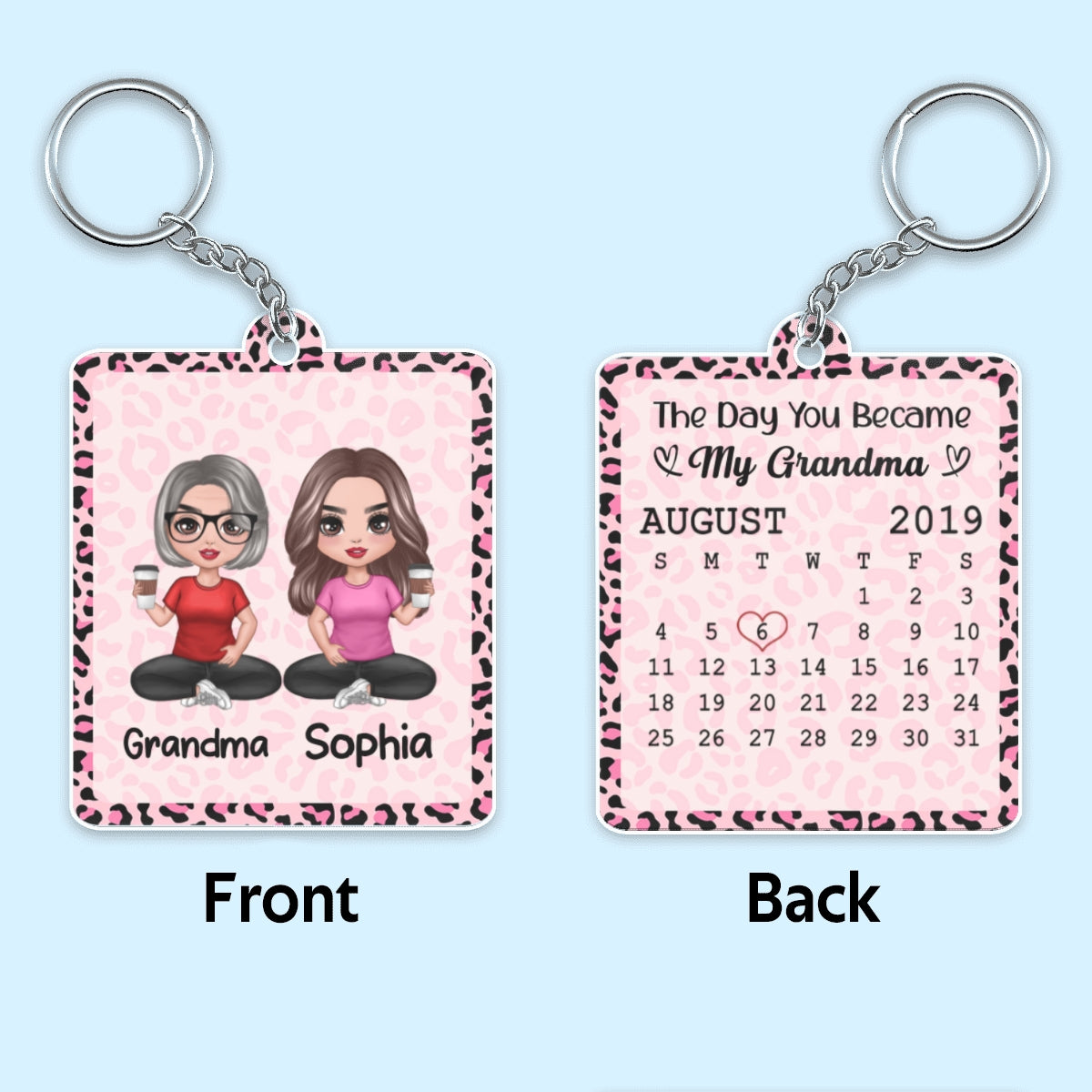 Best Grandma Ever Doll Sitting Grandma Grandkid Calendar Date Pink Leopard Pattern Personalized Acrylic Keychain