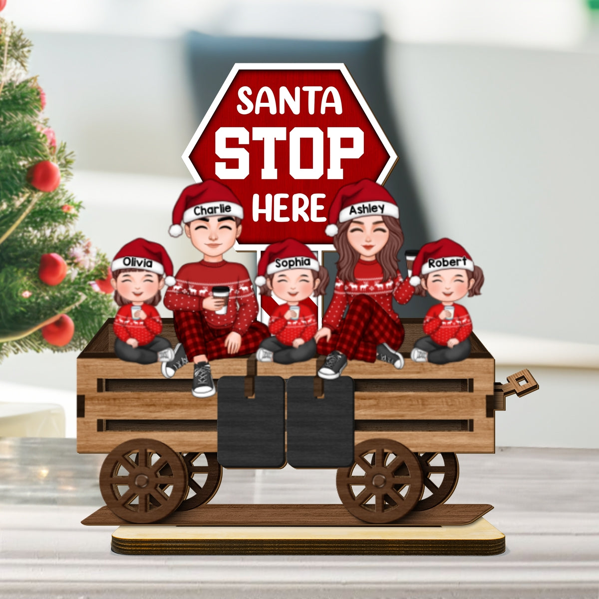 Christmas Wagon Santa Stop Here Family Sitting Personalized 2-Layer Standing Wooden Plaque