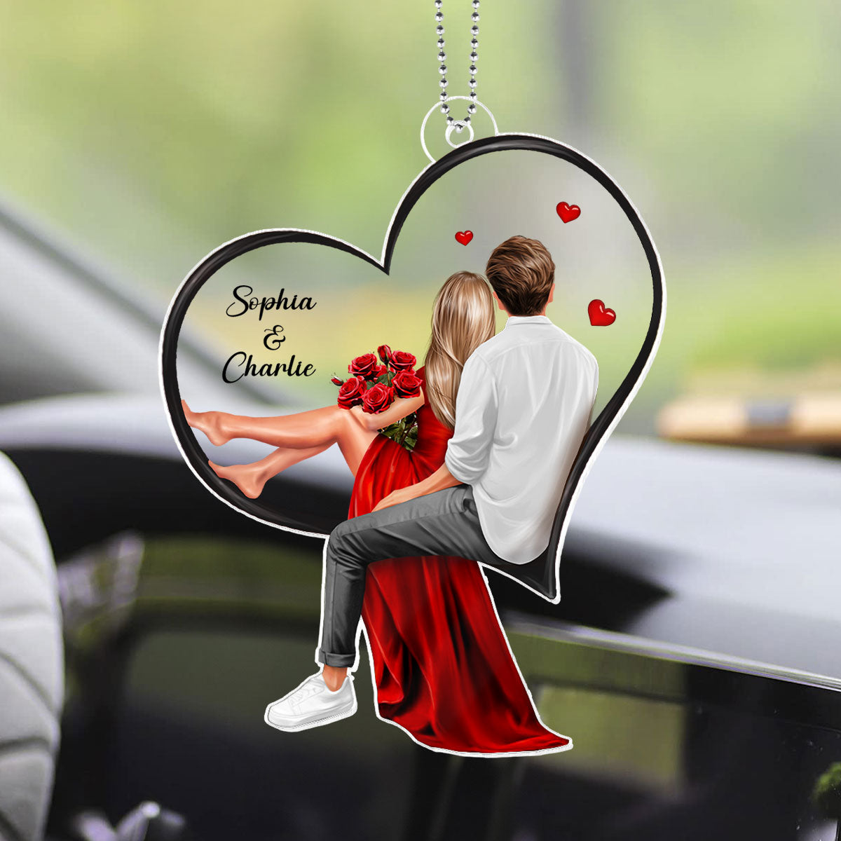 Couple Sitting On Heart Personalized Acrylic Car Hanger,  Gift, Anniversary Gift for Couples