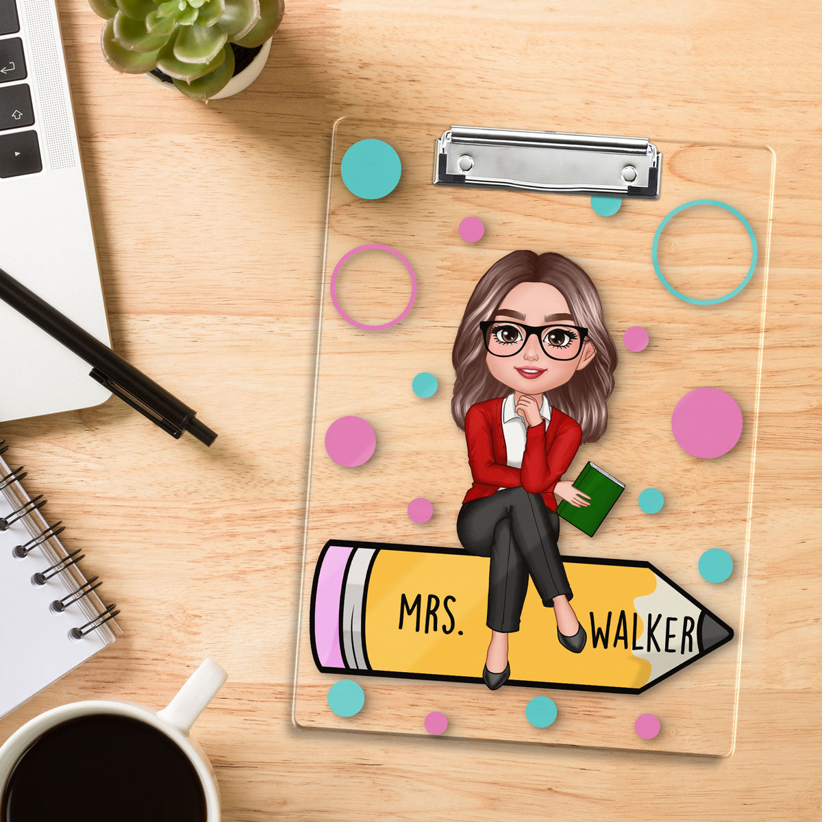 Teacher Sitting On Pencil Appreciation Gift Personalized Clipboard