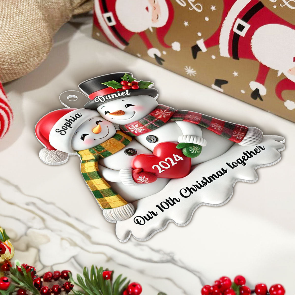 3D Effect Snowmen Couple Together Christmas Personalized Acrylic Ornament, Christmas Gift For Him, For Her