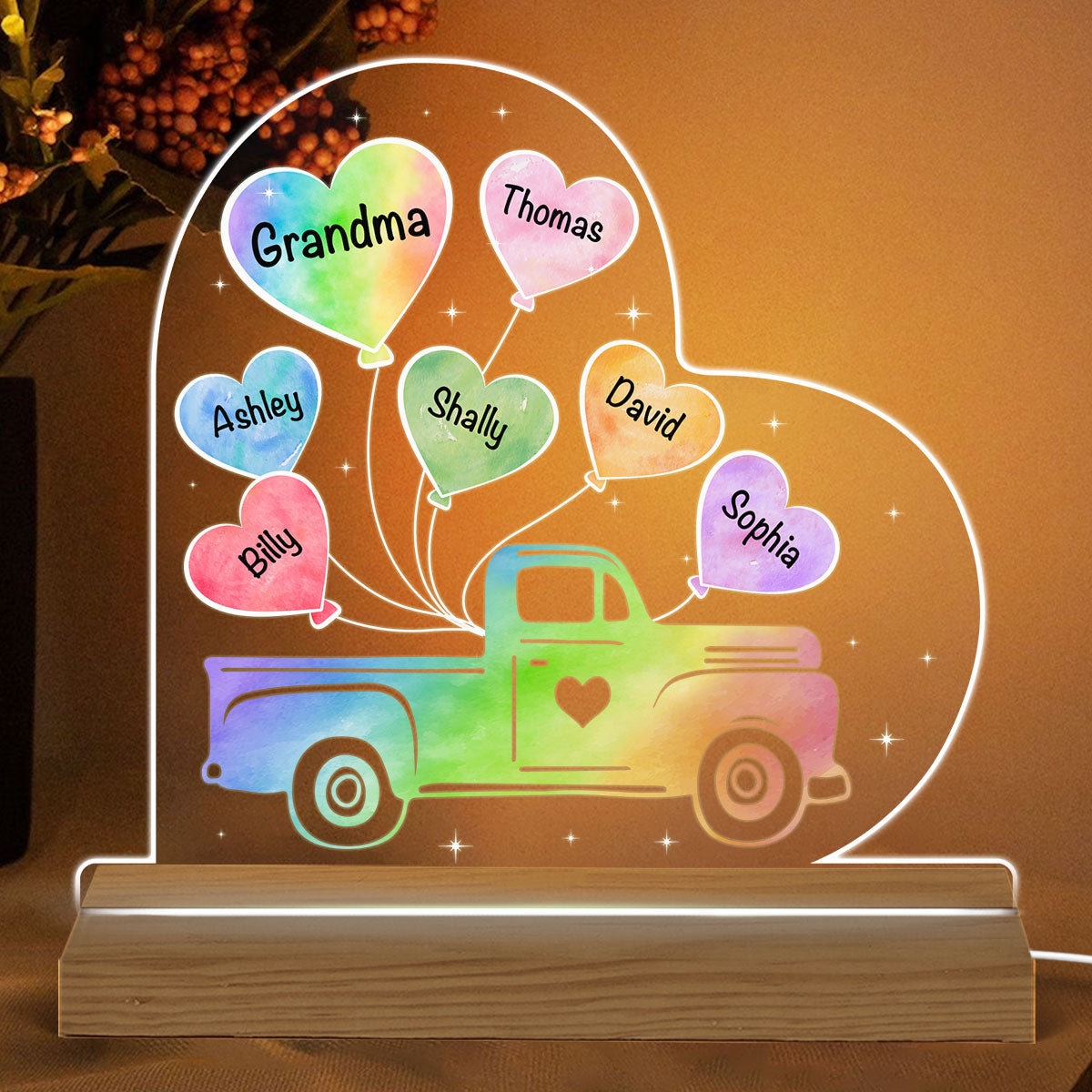 Mom Grandma Truck Watercolor Heart Balloon Personalized Custom Shape Acrylic LED Night Light