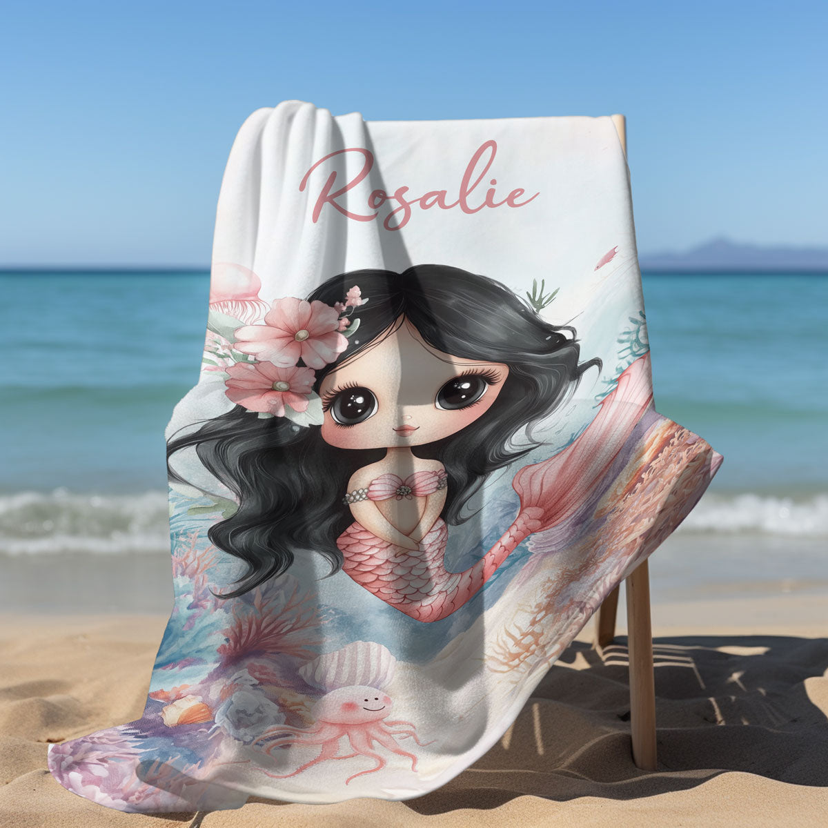 Sea World Cute Mermaid Personalized Beach Towel with Name, Beach Vacation Accessories Gift for Children, Bath Towel