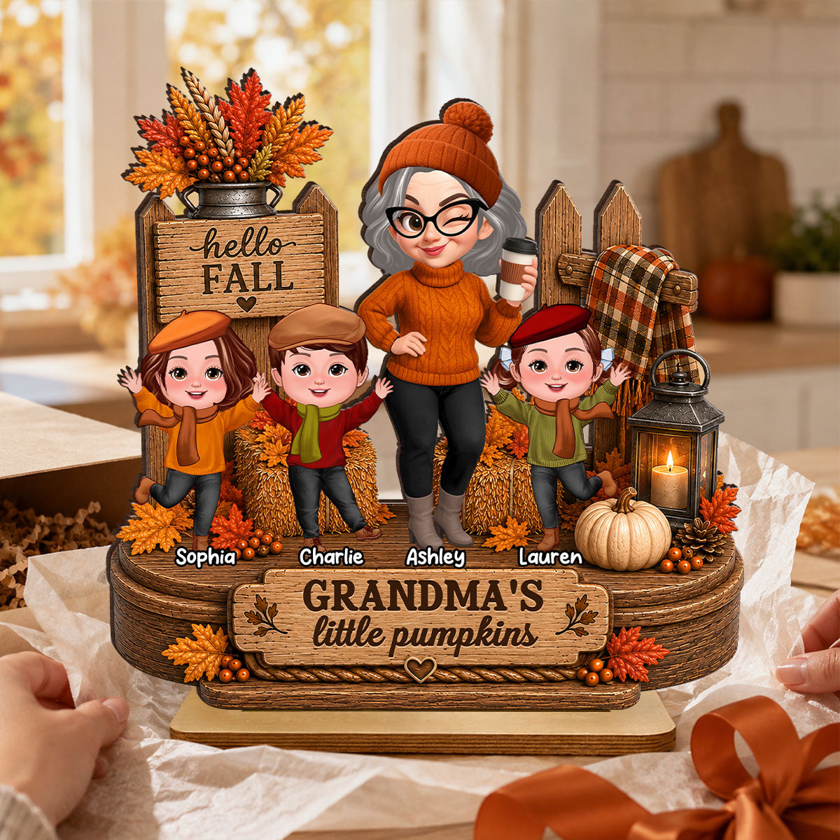 Hello Fall Grandma's Little Pumpkins - Personalized 2-Layered Wooden Plaque - Cozy Fall Decor for Grandma