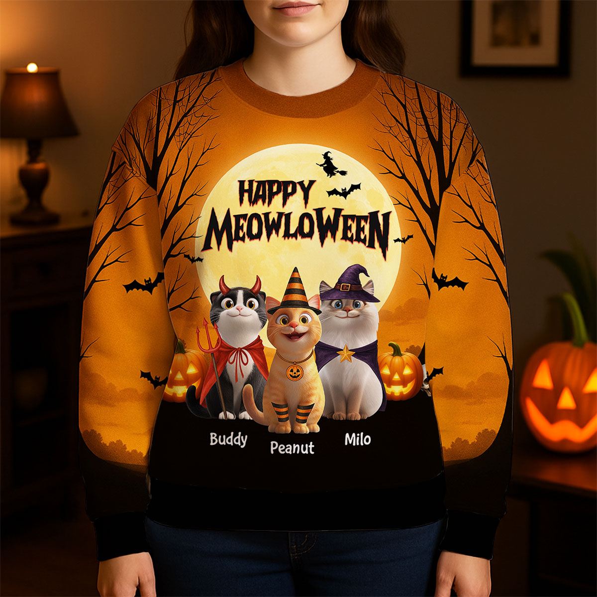 Happy Meowloween Personalized 3D Sweatshirt, Halloween Costume for Cat Lovers