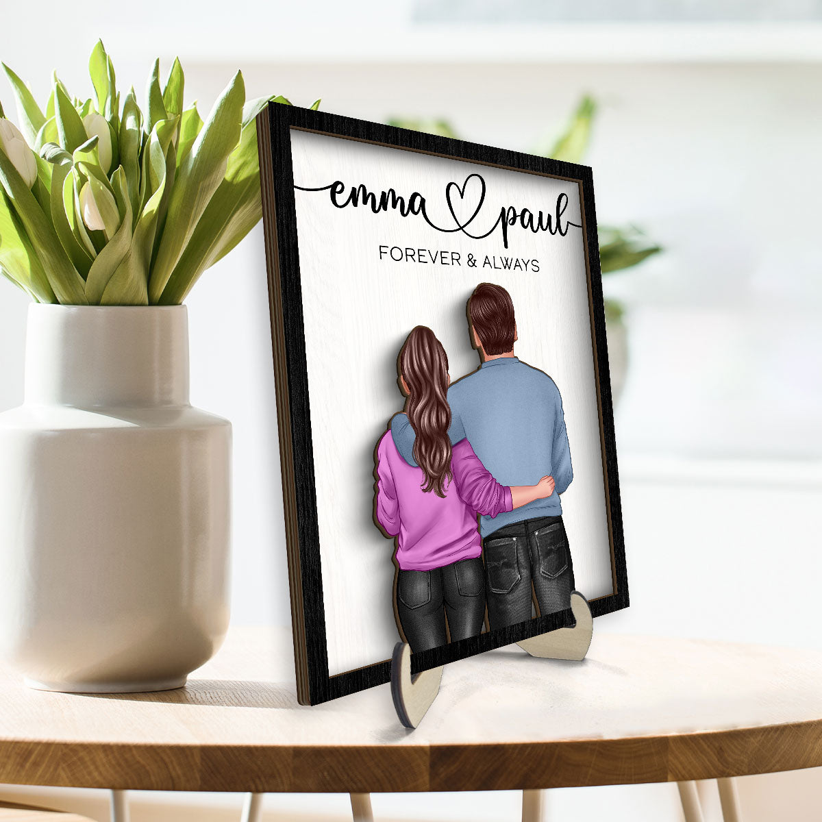 Couple Forever & Always Standing Back View Valentine‘s Day Gift For Him Gift For Her Personalized 2-Layer Wooden Plaque