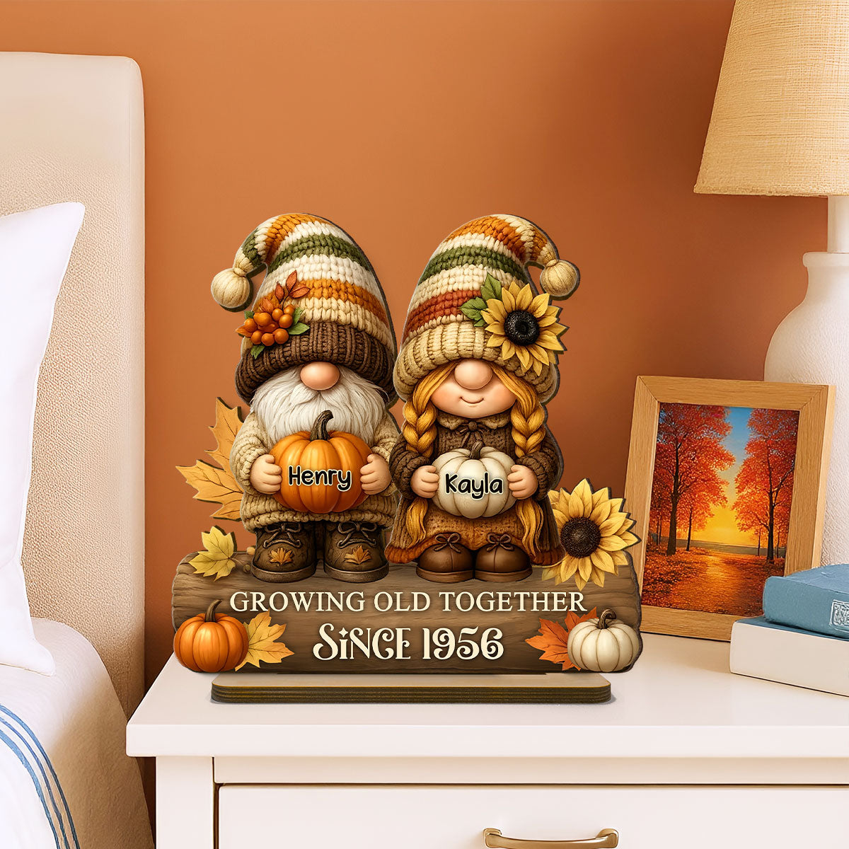 Gnome Couple Growing Old Together Personalized Standing Wooden Plaque, Fall Decor for Couple