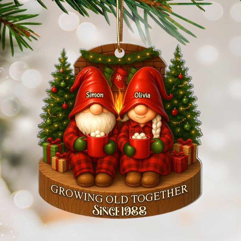 Gnome Couple With Hot Cocoa - Personalized Acrylic Ornament - Special Christmas Gift For Grandma, Grandpa, For Her, For Him