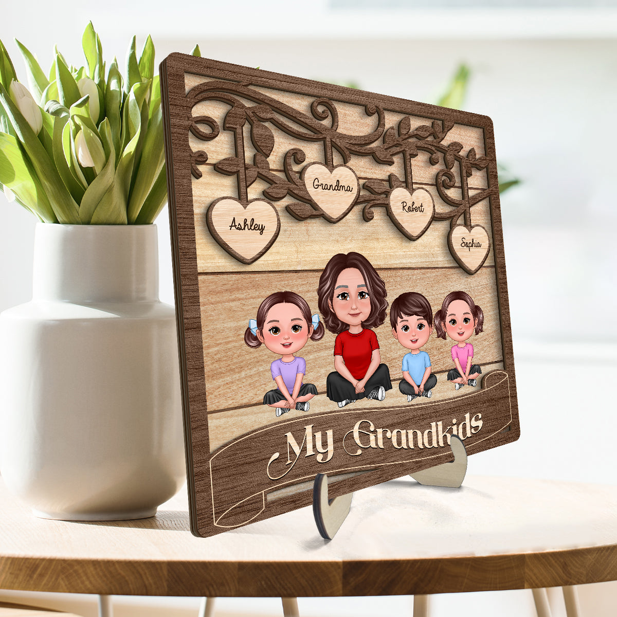 Grandma Grandkids Swirl Tree Hearts Personalized 2-layer Wooden Plaque