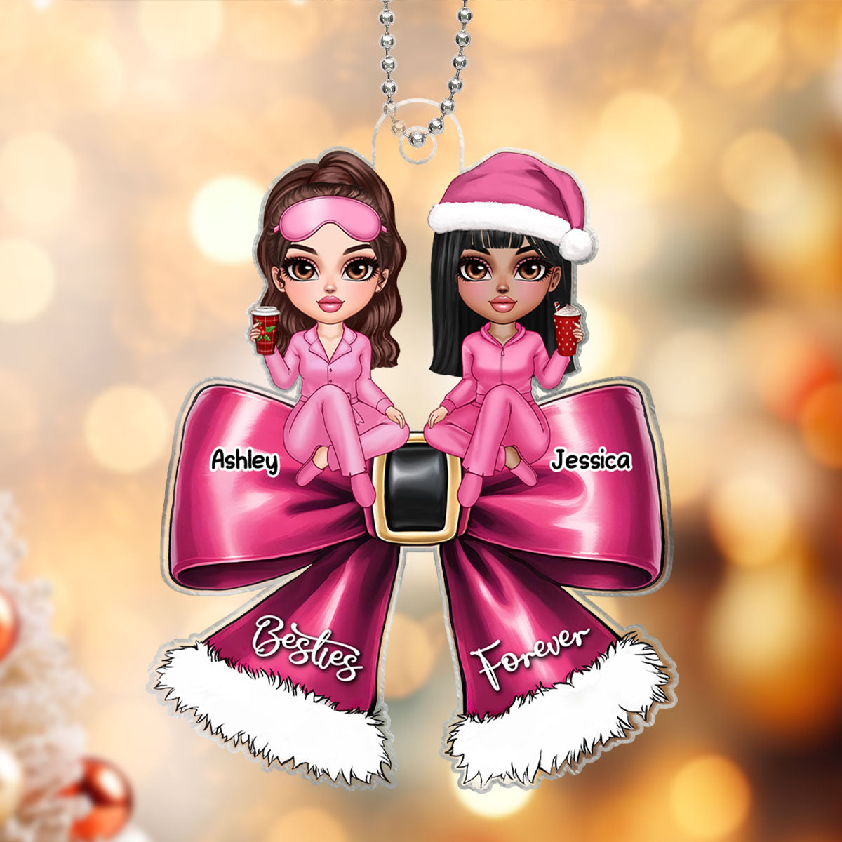 Christmas Coquette Bow Best Friends Personalized Acrylic Ornament, Christmas Gift For Besties