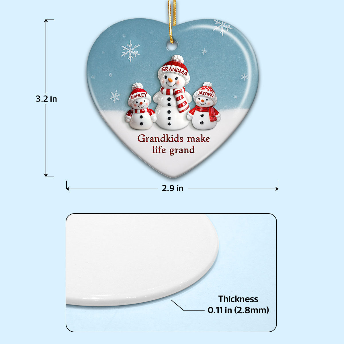 3D Effect Snowman Grandma & Grandkids - Personalized Ceramic Ornament - Christmas Gift For Grandchildren, Grandma