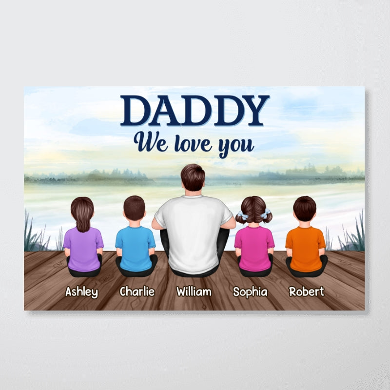 Dad Grandpa We Love You Back View Man & Kids Blue Theme Lake View Personalized Horizontal Poster