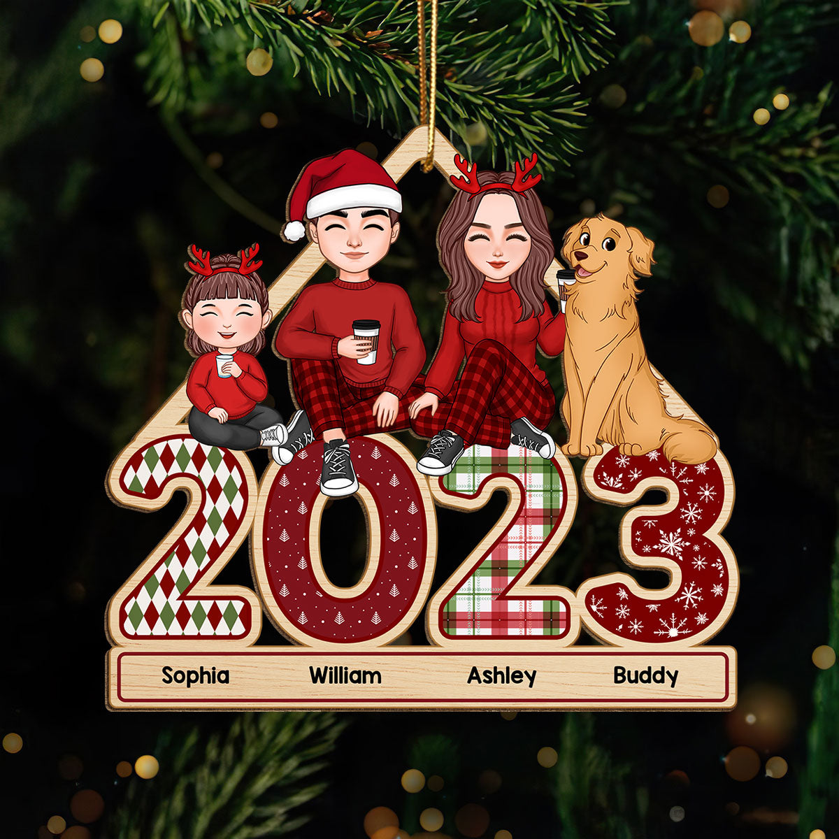 Cute Family Dad Mom Kids Dogs Cats Sitting On 2023 Patterned Personalized Wooden Ornament