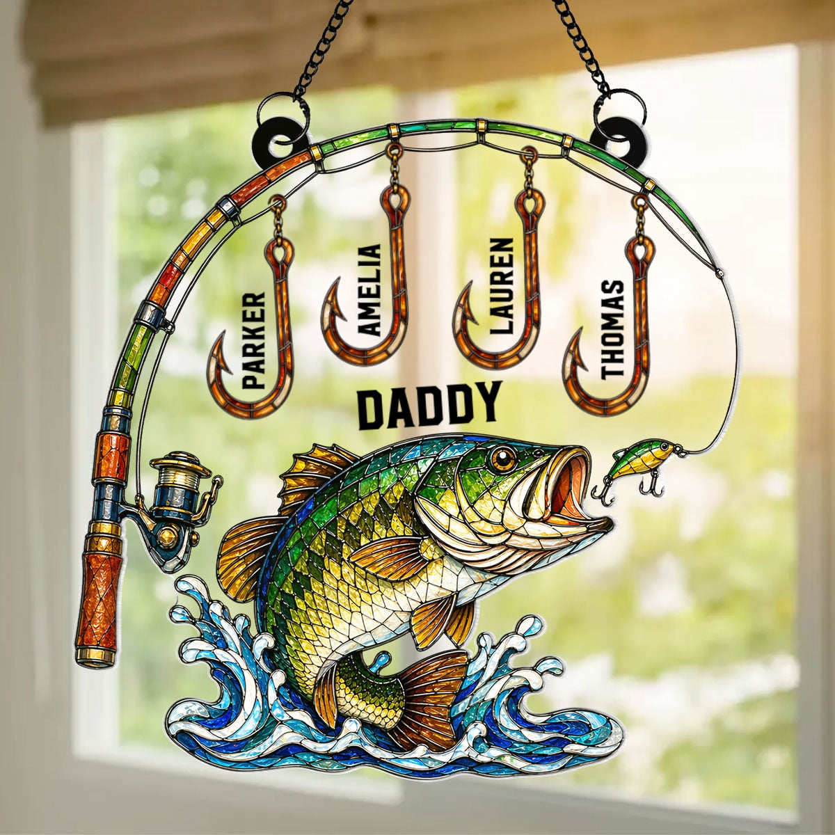 Fishing Daddy With Kids Names - Personalized Suncatcher - Heartfelt Gift For Fishing Dad, Gift For Husband