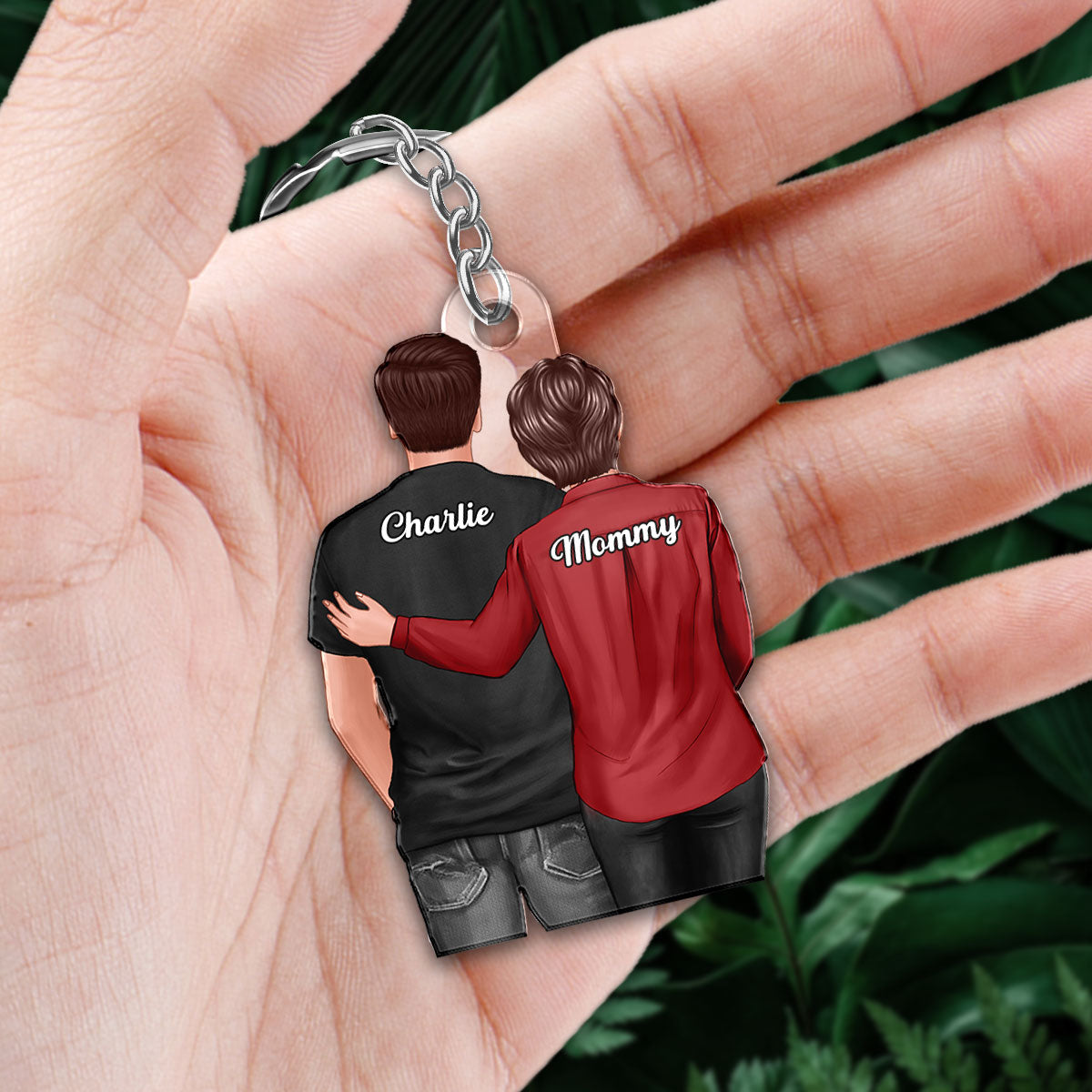 Back View Mom Dad And Son Hugging Personalized Acrylic Keychain