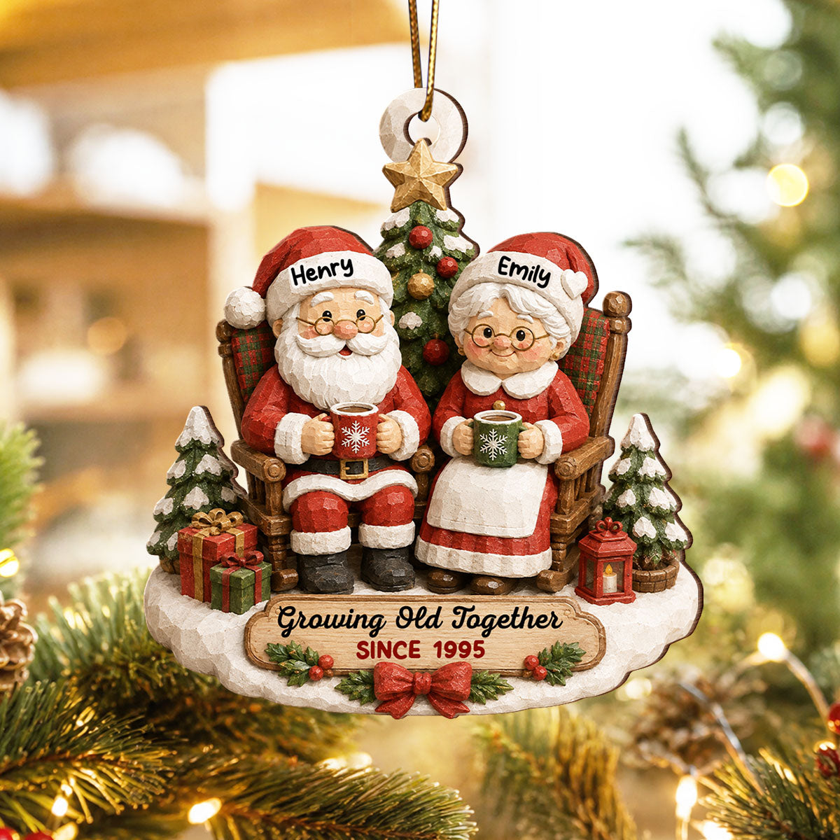 Rustic Vintage Santa Couple Growing Old Together - Personalized Wooden Ornament - Christmas Gift For Couple