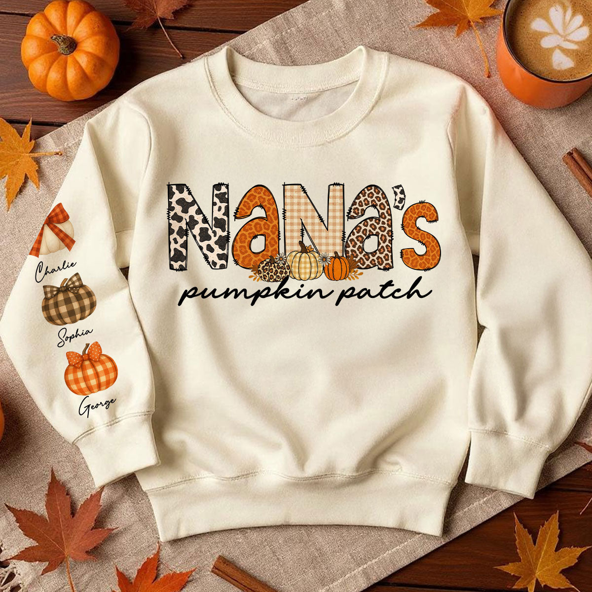 Grandma's Little Pumpkins Leopard Fall Pattern Personalized Sweatshirt, Fall Clothes Cozy Vibe for Grandma Mama Gigi Nana