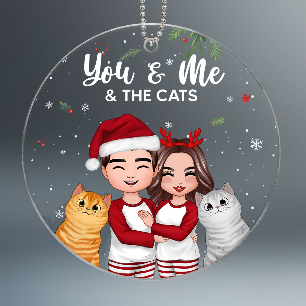 Doll Couple Standing Hugging You Me And The Cats Christmas Personalized Circle Ornament