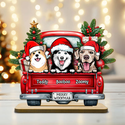 Merry Woofmas Dogs On Truck Personalized Standing Wooden Plaque, Christmas Gift For Dog Mom Dog Dad