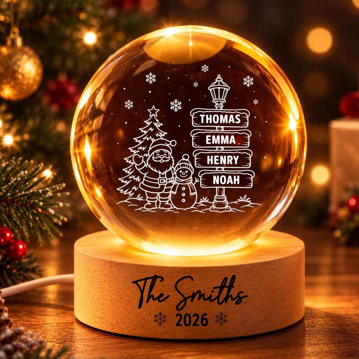 Joyful Christmas Custom Family Names - Personalized Crystal Ball LED Night Light - Gift For Family, Boy Girl