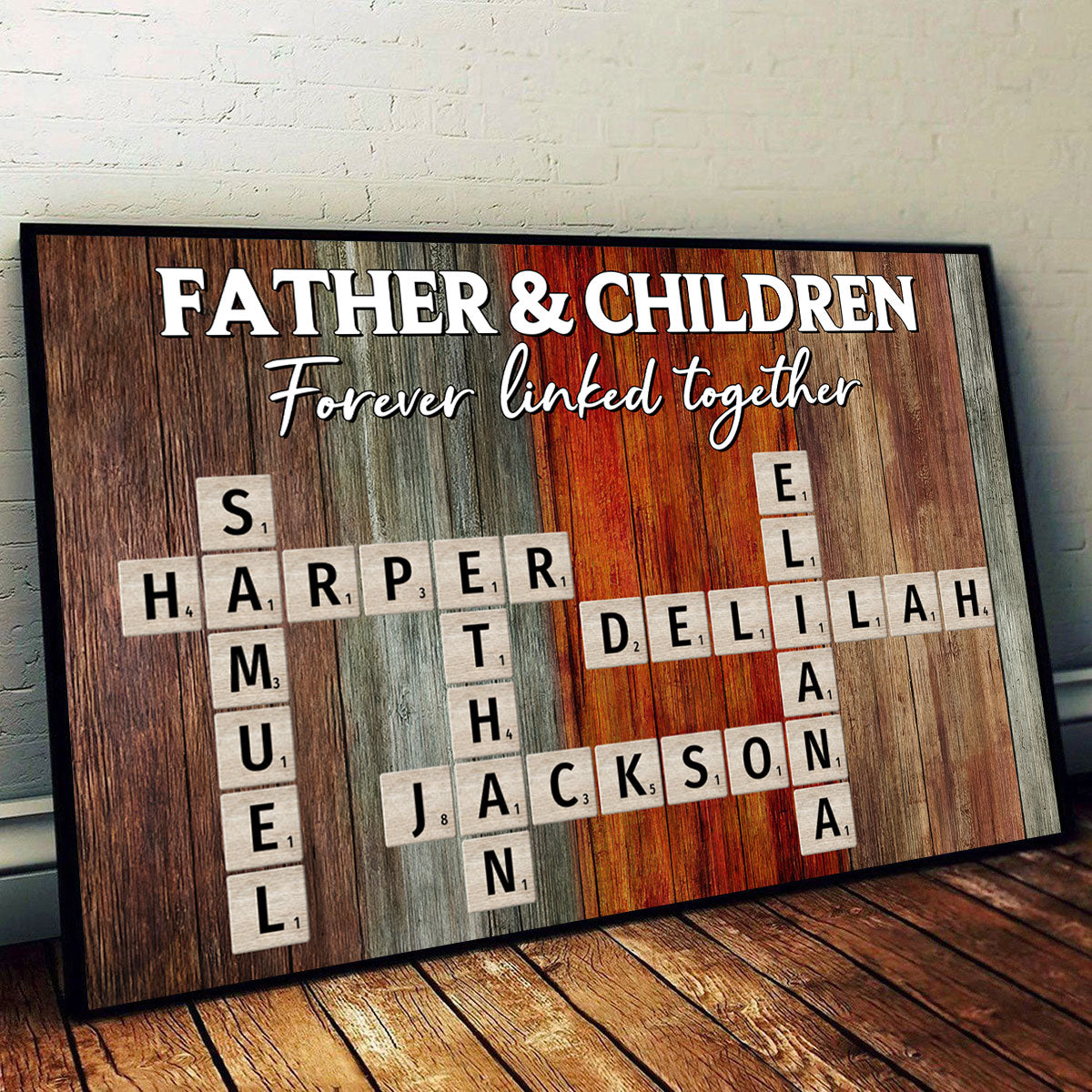Father & Daughters Sons Forever Linked Together Crossword Puzzle Art Rustic Personalized Poster, Heartfelt Gift For Dad