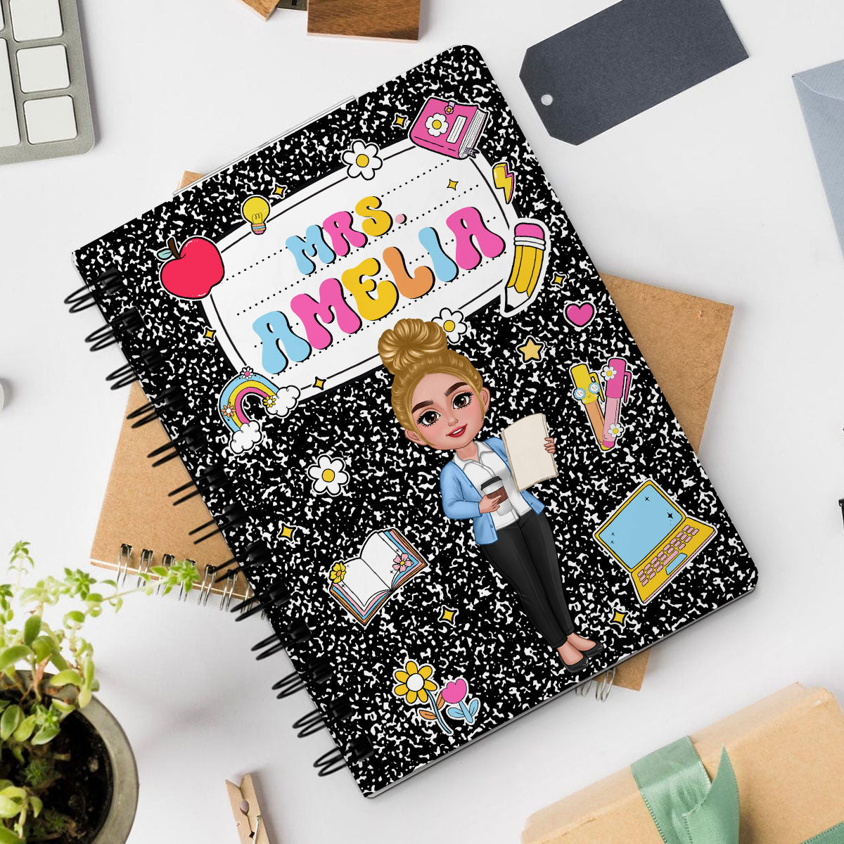 Teacher Composition Book Pattern Personalized Spiral Notebook Journal, Gift For Teacher, Back To School Stationery
