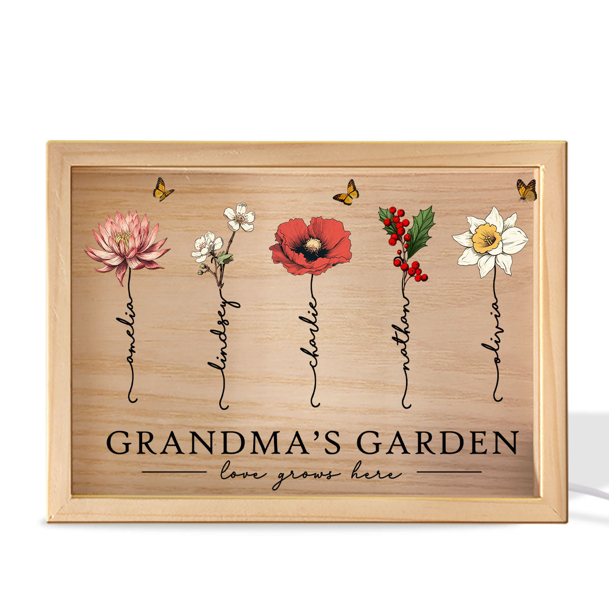 Grandma‘s Garden Love Grows Here Beautiful Birth Month Flower Gift For Grandma Mom Personalized Wooden Frame Light Box