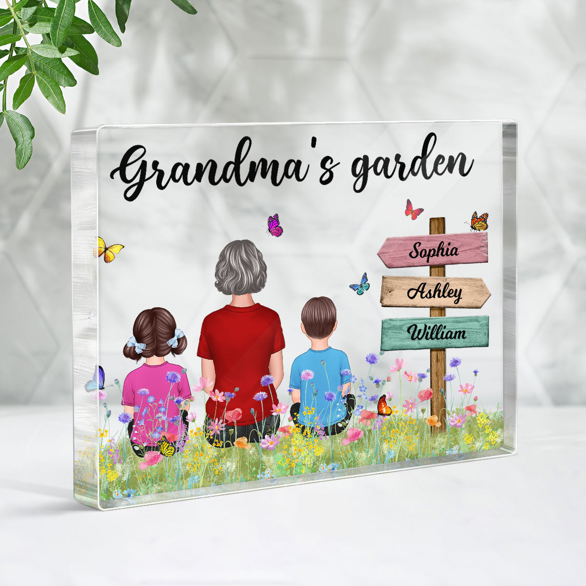 Grandma‘s Garden Back View Woman & Kids Names On Sign Personalized Horizontal Rectangle Acrylic Plaque