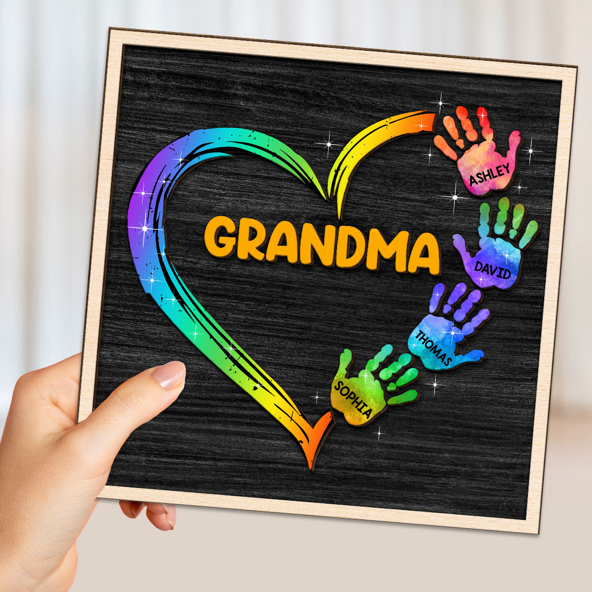 Grandma Mom Galaxy Hand Print Personalized 2-Layer Wooden Plaque