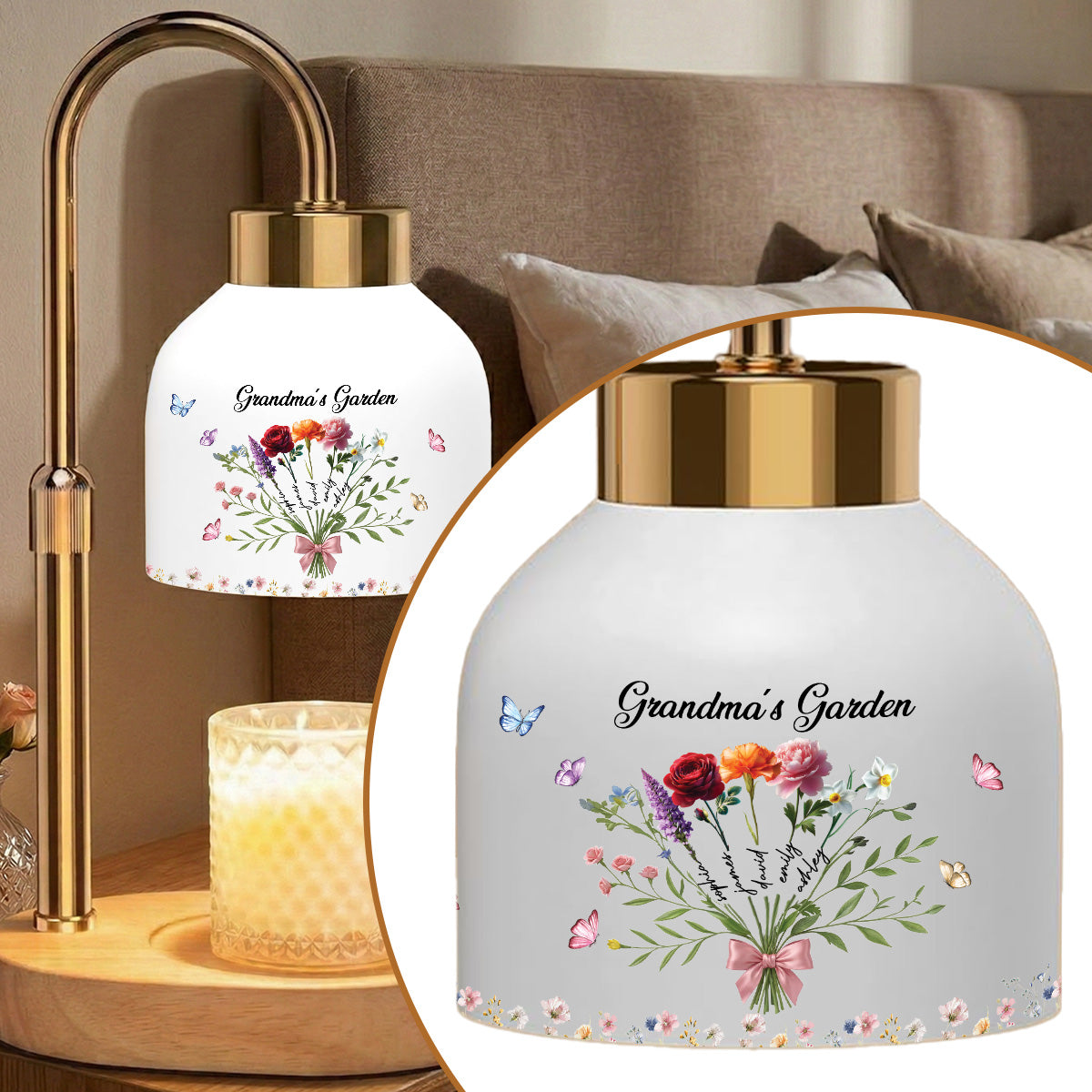 Grandma‘s Garden Beautiful Birth Month Flower Bunch - Personalized Candle Warmer Lamp - Vintage Home Decor Gift For Grandma