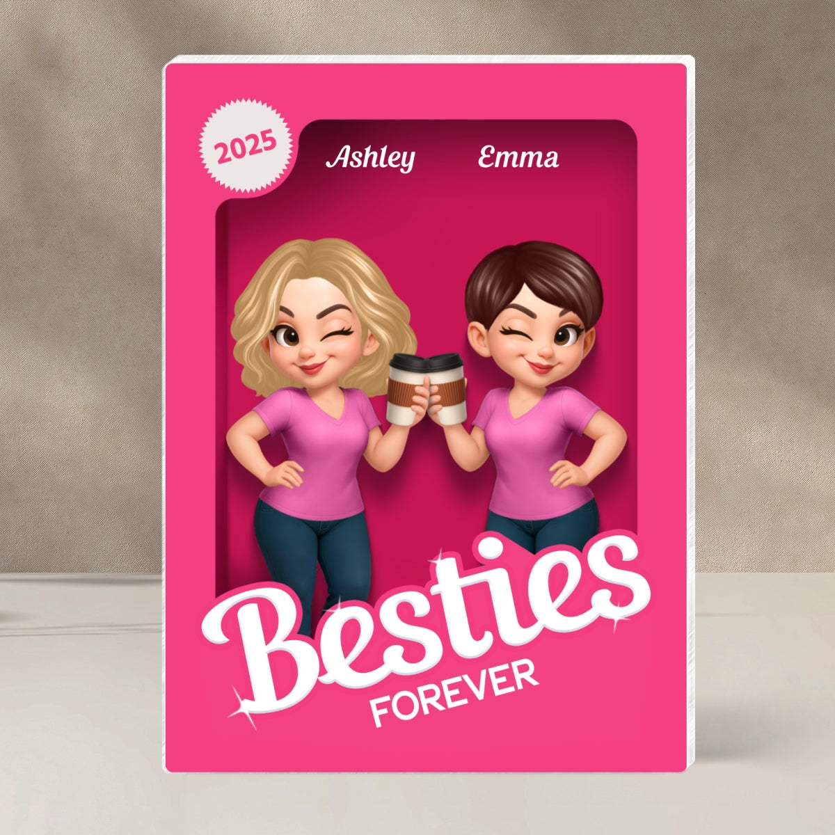 Besties Forever Pink Action Figure 3D Effect Personalized Acrylic Block, Meaningful Gift For Best Friend