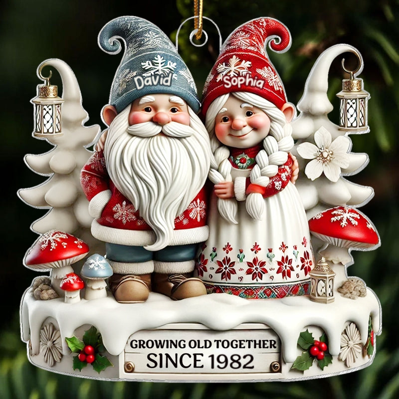 3D Effect Gnome Couple Together Christmas - Personalized Acrylic Ornament - Gift for Him, Gift for Her