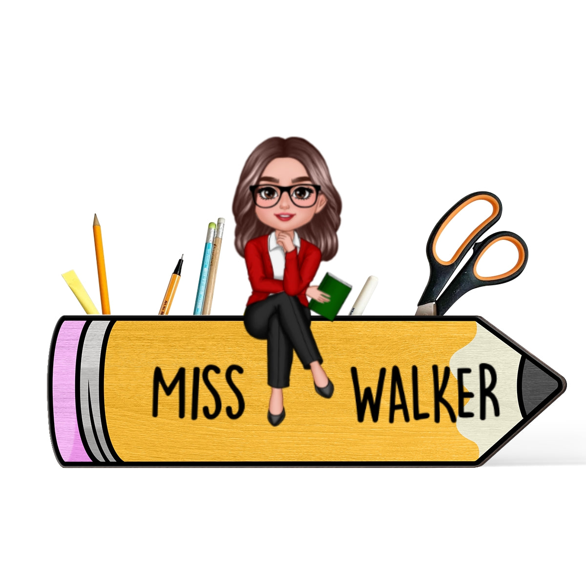 Doll Teacher Sitting On Pencil Personalized Wooden Pen Pencil Holder, Back To School Gift