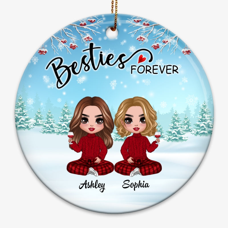 Doll Besties Sisters Sitting In Snow Personalized Circle Ornament