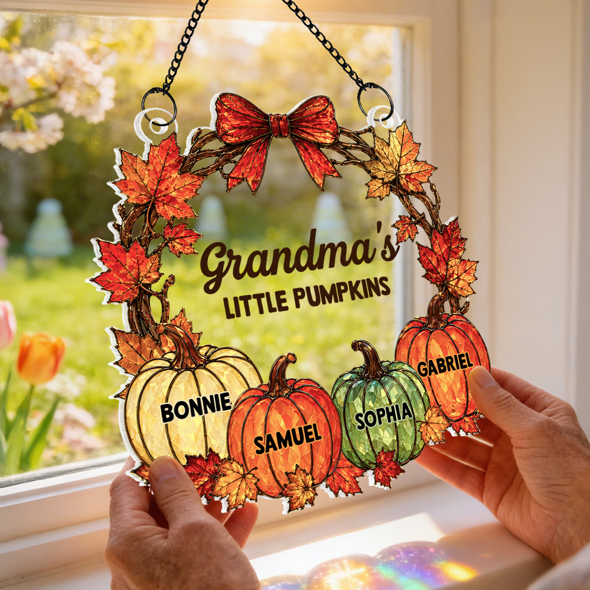 Grandma Little Pumpkins - Personalized Acrylic Window Hanging - Fall Season Decoration